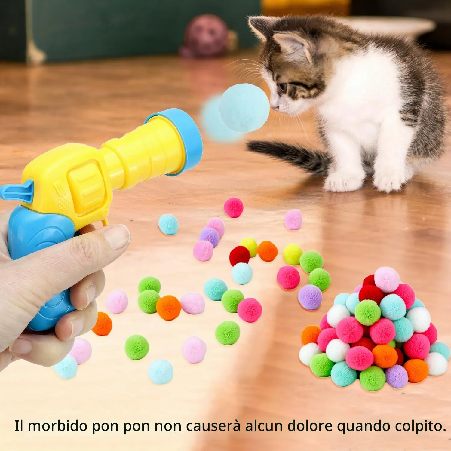 QWORK® Giocattoli interattivo per gatti, lancia palline per gatti con 100 pompon colorati, per addestramento indoor e monitoraggio dei gatti - immagine 4