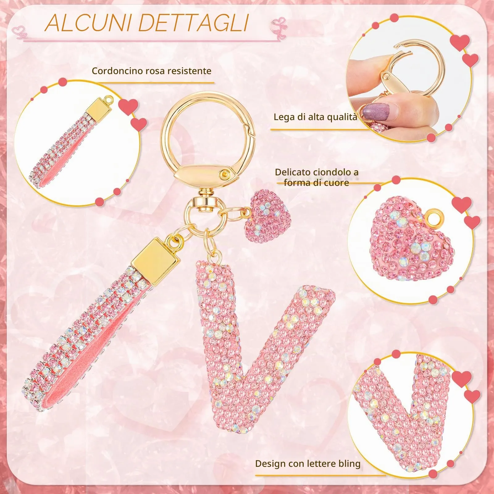 MWOOT Rosa Auto Portachiavi Regalo per Donne Ragazze Iniziale Lettera Portachiavi Carino Bling Ciondolo per Borsa Zaino Borsetta Ciondoli, V - immagine 2