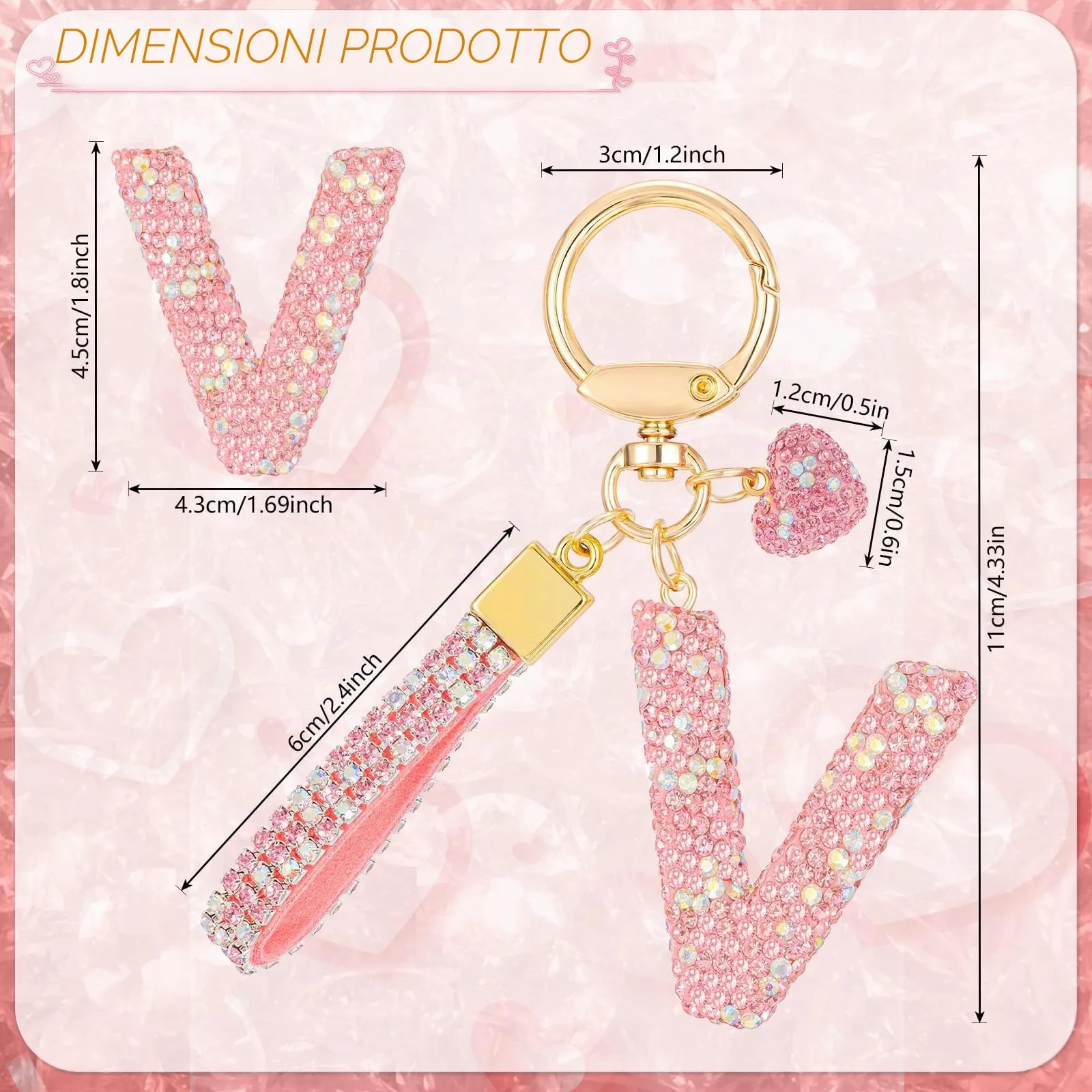 MWOOT Rosa Auto Portachiavi Regalo per Donne Ragazze Iniziale Lettera Portachiavi Carino Bling Ciondolo per Borsa Zaino Borsetta Ciondoli, V - immagine 3
