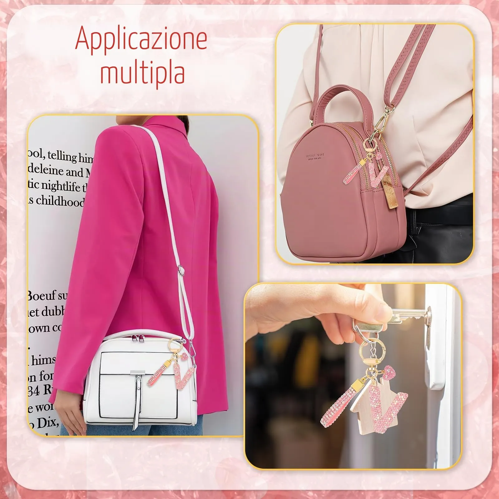 MWOOT Rosa Auto Portachiavi Regalo per Donne Ragazze Iniziale Lettera Portachiavi Carino Bling Ciondolo per Borsa Zaino Borsetta Ciondoli, V - immagine 7