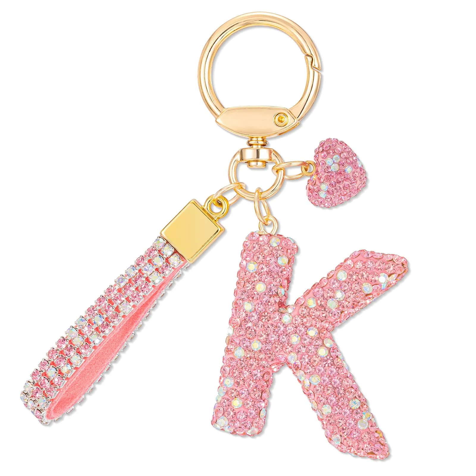 MWOOT Rosa Auto Portachiavi Regalo per Donne Ragazze Iniziale Lettera Portachiavi Carino Bling Ciondolo per Borsa Zaino Borsetta Ciondoli, K - immagine 1