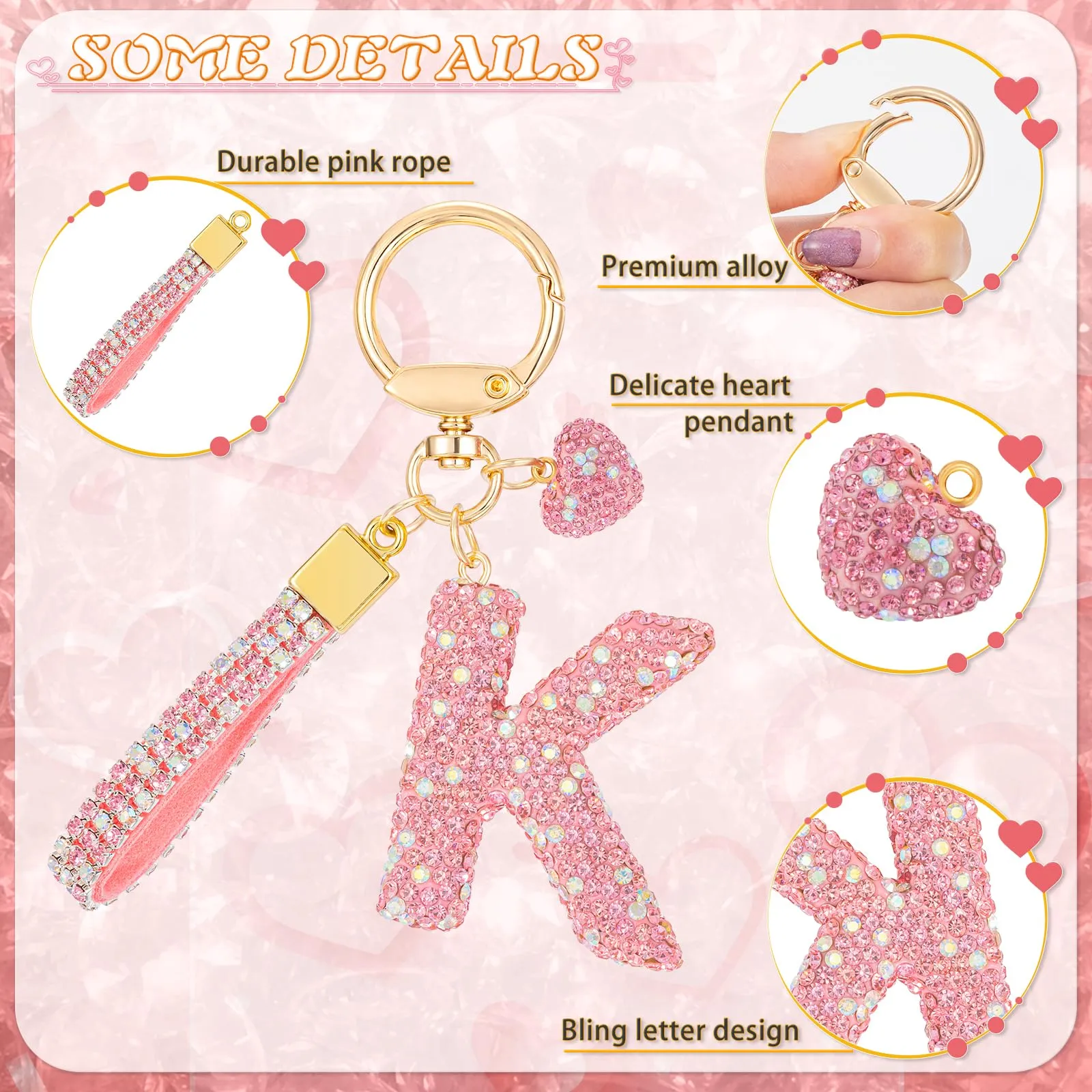 MWOOT Rosa Auto Portachiavi Regalo per Donne Ragazze Iniziale Lettera Portachiavi Carino Bling Ciondolo per Borsa Zaino Borsetta Ciondoli, K - immagine 2