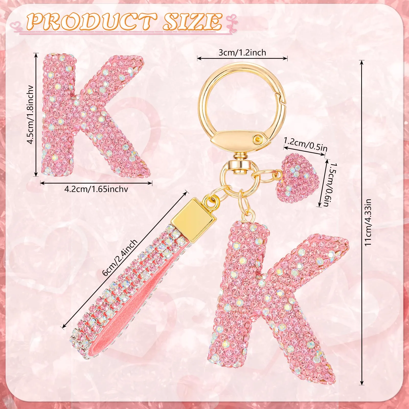 MWOOT Rosa Auto Portachiavi Regalo per Donne Ragazze Iniziale Lettera Portachiavi Carino Bling Ciondolo per Borsa Zaino Borsetta Ciondoli, K - immagine 3