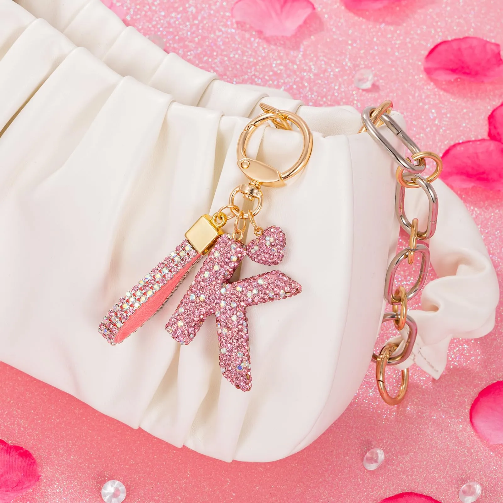 MWOOT Rosa Auto Portachiavi Regalo per Donne Ragazze Iniziale Lettera Portachiavi Carino Bling Ciondolo per Borsa Zaino Borsetta Ciondoli, K - immagine 4