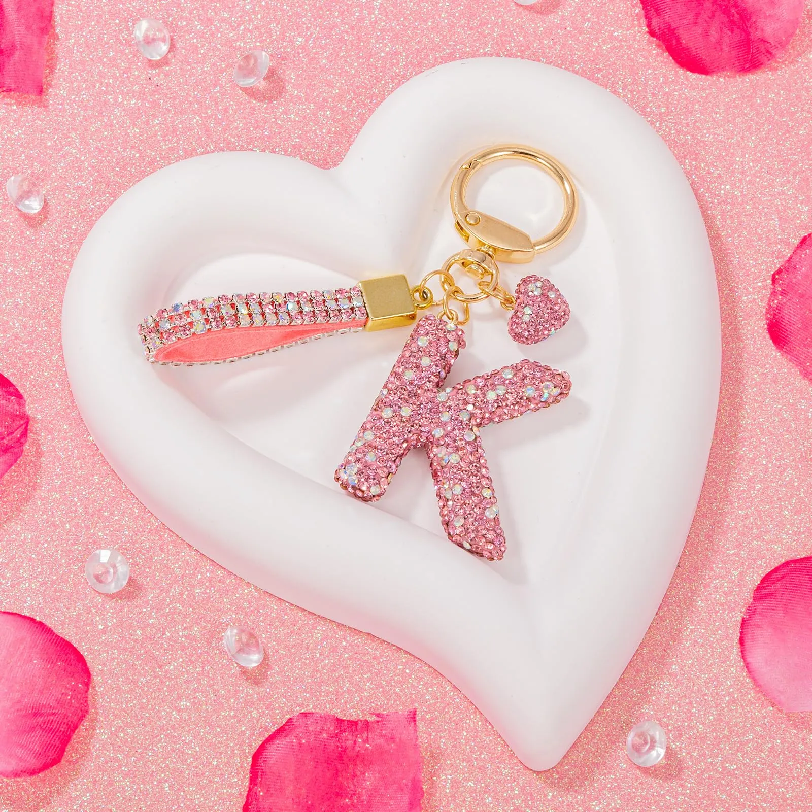 MWOOT Rosa Auto Portachiavi Regalo per Donne Ragazze Iniziale Lettera Portachiavi Carino Bling Ciondolo per Borsa Zaino Borsetta Ciondoli, K - immagine 5