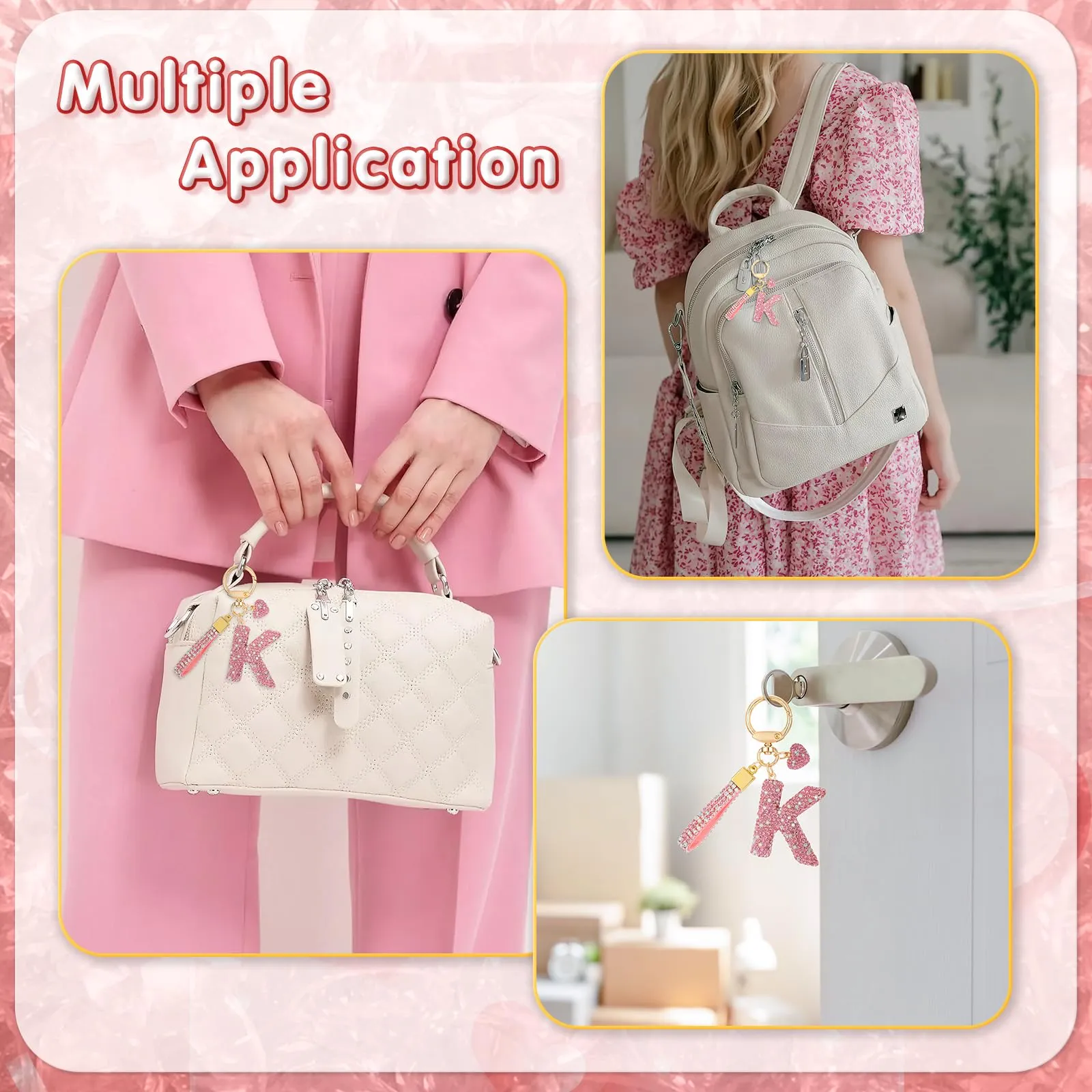 MWOOT Rosa Auto Portachiavi Regalo per Donne Ragazze Iniziale Lettera Portachiavi Carino Bling Ciondolo per Borsa Zaino Borsetta Ciondoli, K - immagine 6