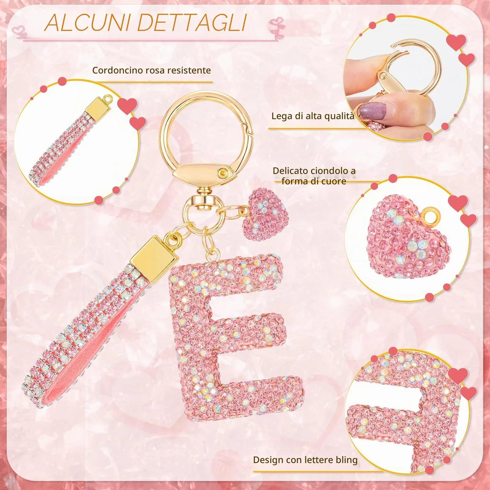 MWOOT Rosa Auto Portachiavi Regalo per Donne Ragazze Iniziale Lettera Portachiavi Carino Bling Ciondolo per Borsa Zaino Borsetta Ciondoli, E - immagine 2