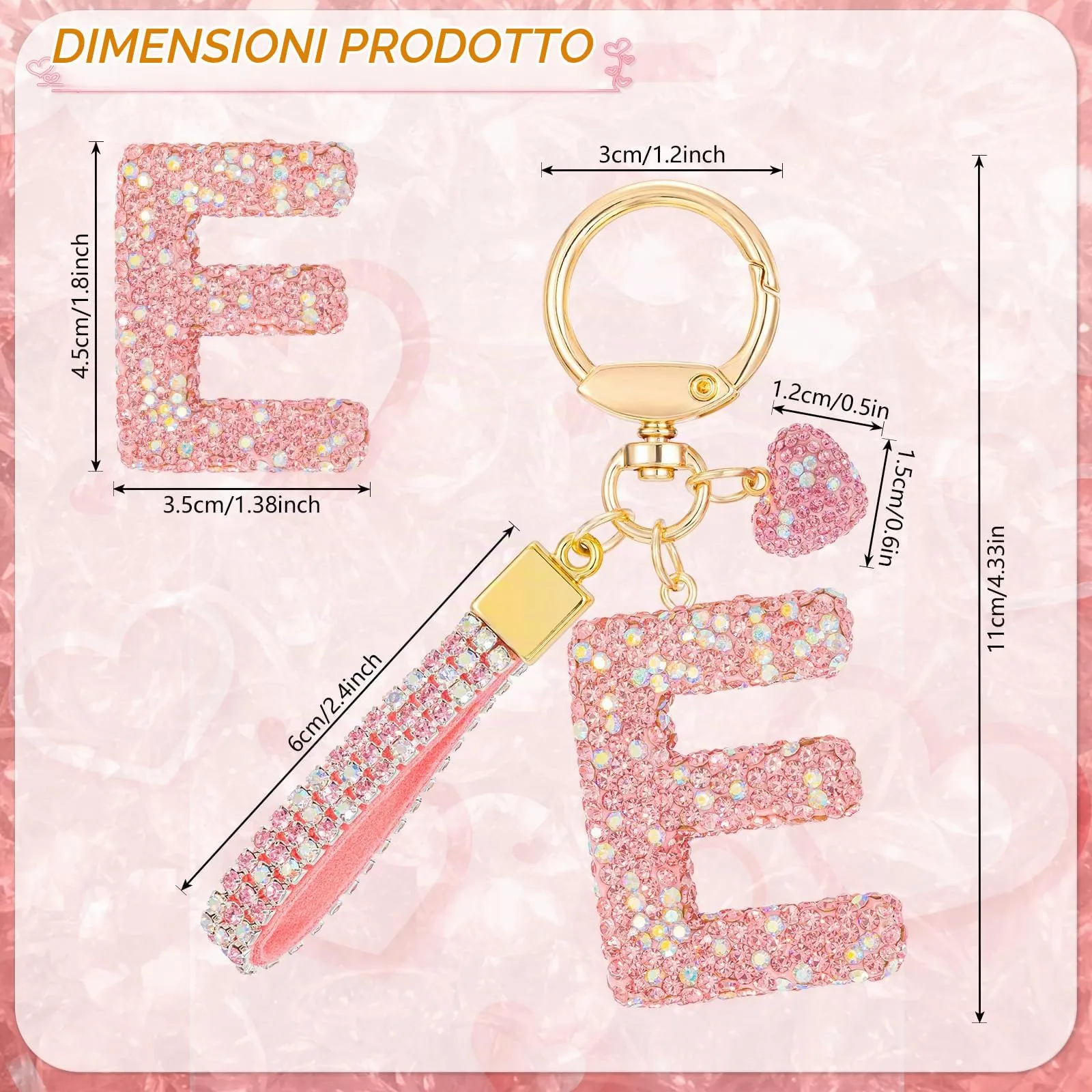 MWOOT Rosa Auto Portachiavi Regalo per Donne Ragazze Iniziale Lettera Portachiavi Carino Bling Ciondolo per Borsa Zaino Borsetta Ciondoli, E - immagine 3