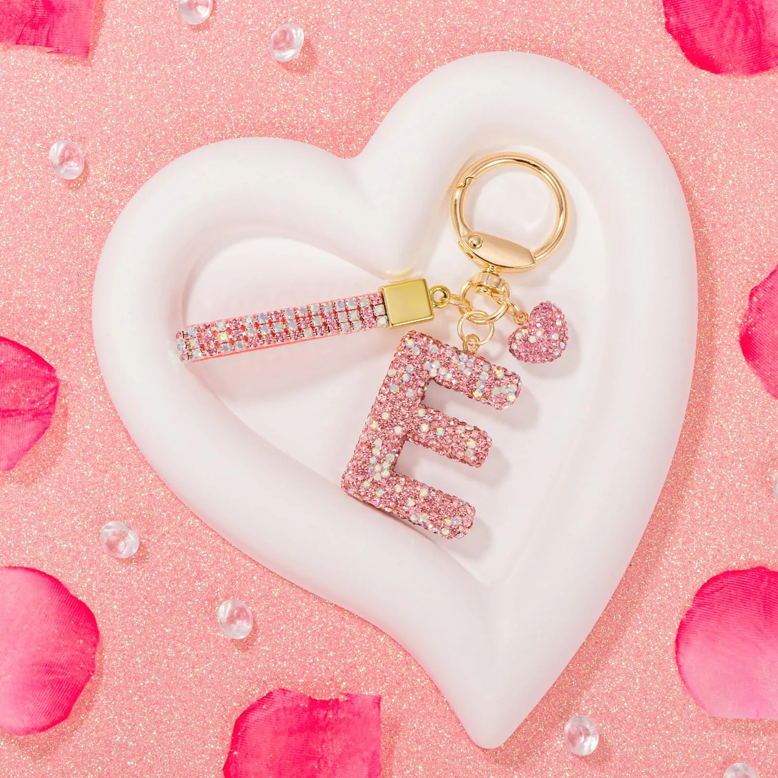 MWOOT Rosa Auto Portachiavi Regalo per Donne Ragazze Iniziale Lettera Portachiavi Carino Bling Ciondolo per Borsa Zaino Borsetta Ciondoli, E - immagine 5