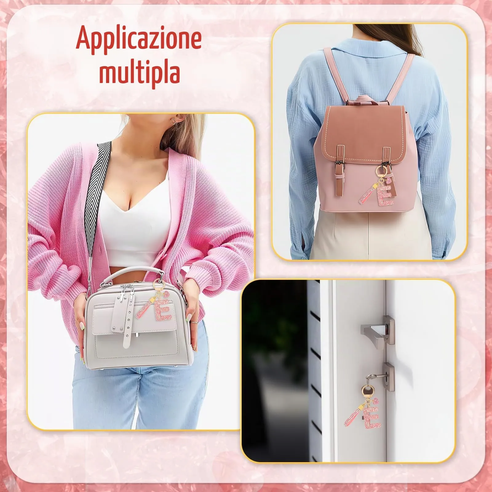 MWOOT Rosa Auto Portachiavi Regalo per Donne Ragazze Iniziale Lettera Portachiavi Carino Bling Ciondolo per Borsa Zaino Borsetta Ciondoli, E - immagine 6