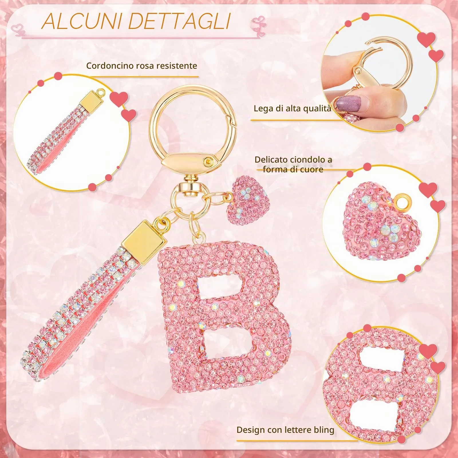 MWOOT Rosa Auto Portachiavi Regalo per Donne Ragazze Iniziale Lettera Portachiavi Carino Bling Ciondolo per Borsa Zaino Borsetta Ciondoli,B - immagine 2
