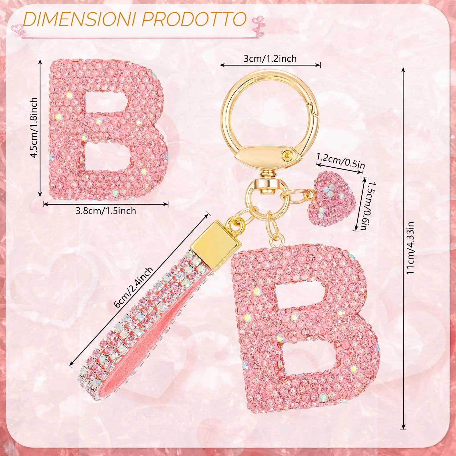 MWOOT Rosa Auto Portachiavi Regalo per Donne Ragazze Iniziale Lettera Portachiavi Carino Bling Ciondolo per Borsa Zaino Borsetta Ciondoli,B - immagine 3
