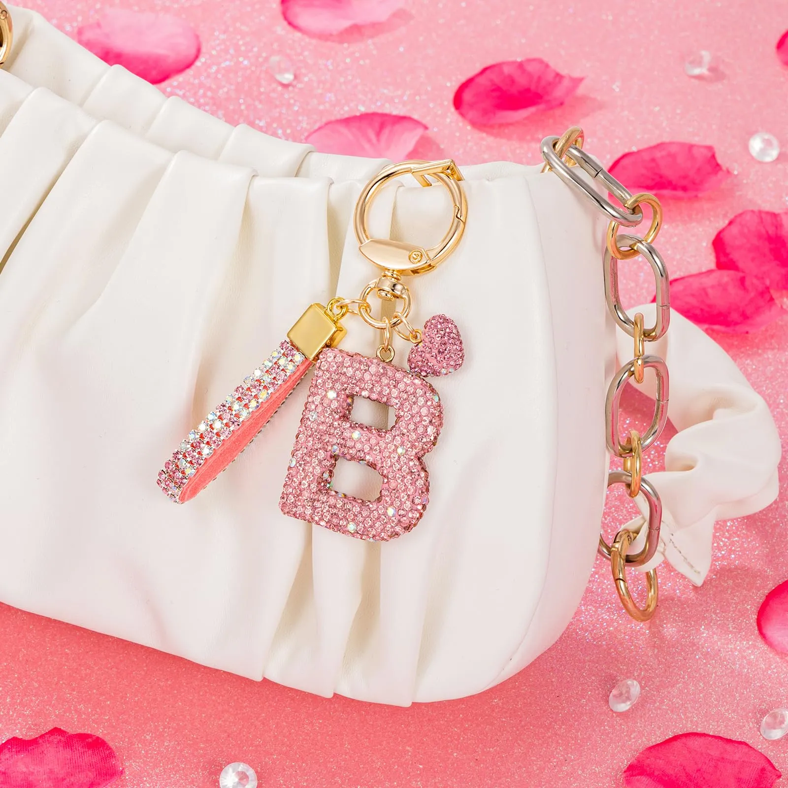 MWOOT Rosa Auto Portachiavi Regalo per Donne Ragazze Iniziale Lettera Portachiavi Carino Bling Ciondolo per Borsa Zaino Borsetta Ciondoli,B - immagine 4