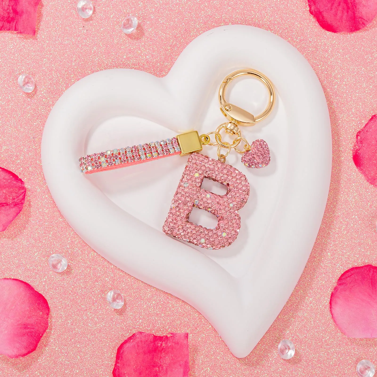 MWOOT Rosa Auto Portachiavi Regalo per Donne Ragazze Iniziale Lettera Portachiavi Carino Bling Ciondolo per Borsa Zaino Borsetta Ciondoli,B - immagine 5