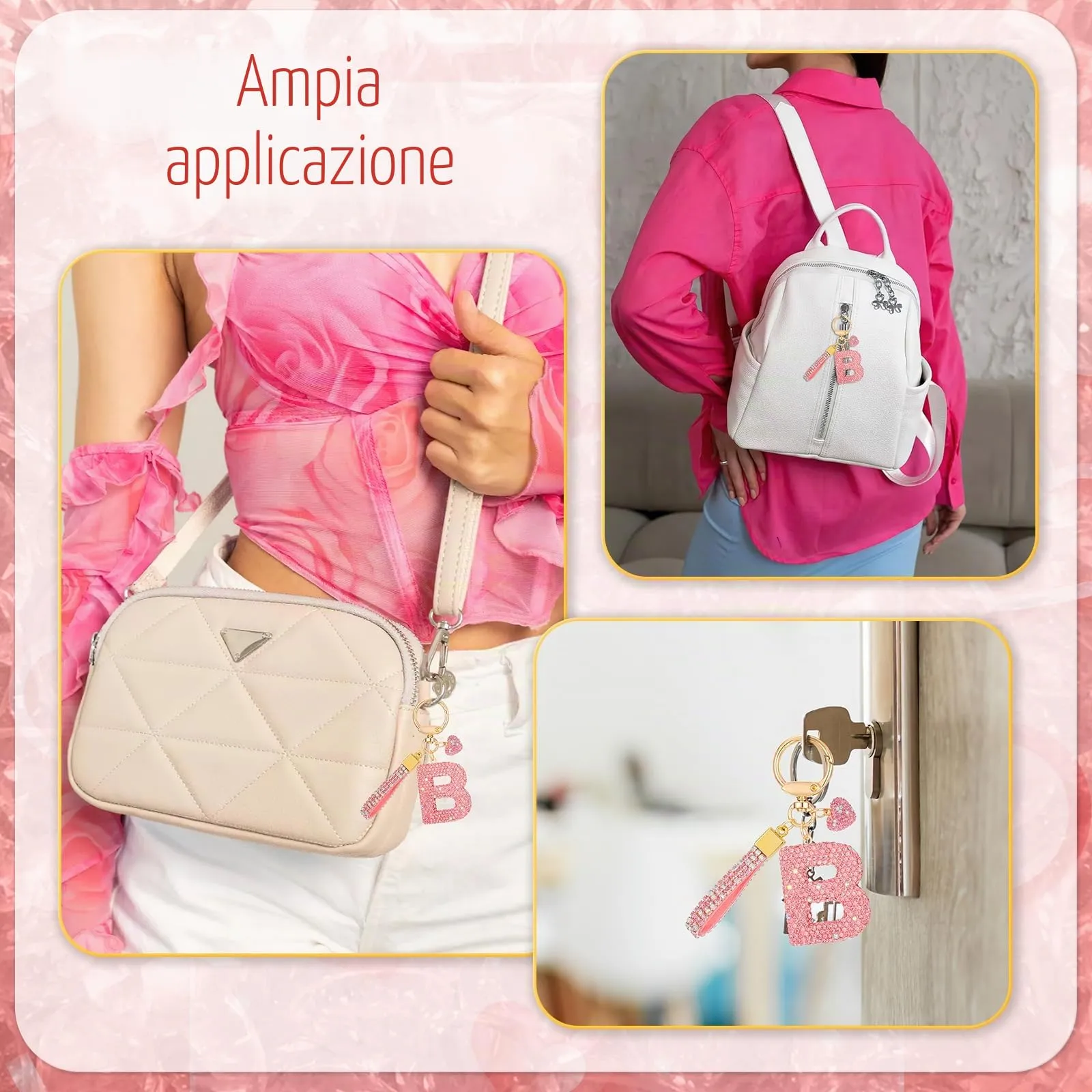 MWOOT Rosa Auto Portachiavi Regalo per Donne Ragazze Iniziale Lettera Portachiavi Carino Bling Ciondolo per Borsa Zaino Borsetta Ciondoli,B - immagine 6