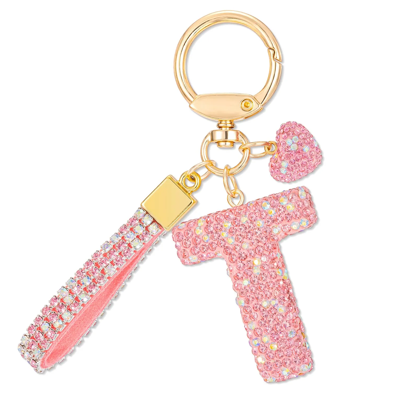 MWOOT Rosa Auto Portachiavi Regalo per Donne Ragazze Iniziale Lettera Portachiavi Carino Bling Ciondolo per Borsa Zaino Borsetta Ciondoli, T - immagine 1