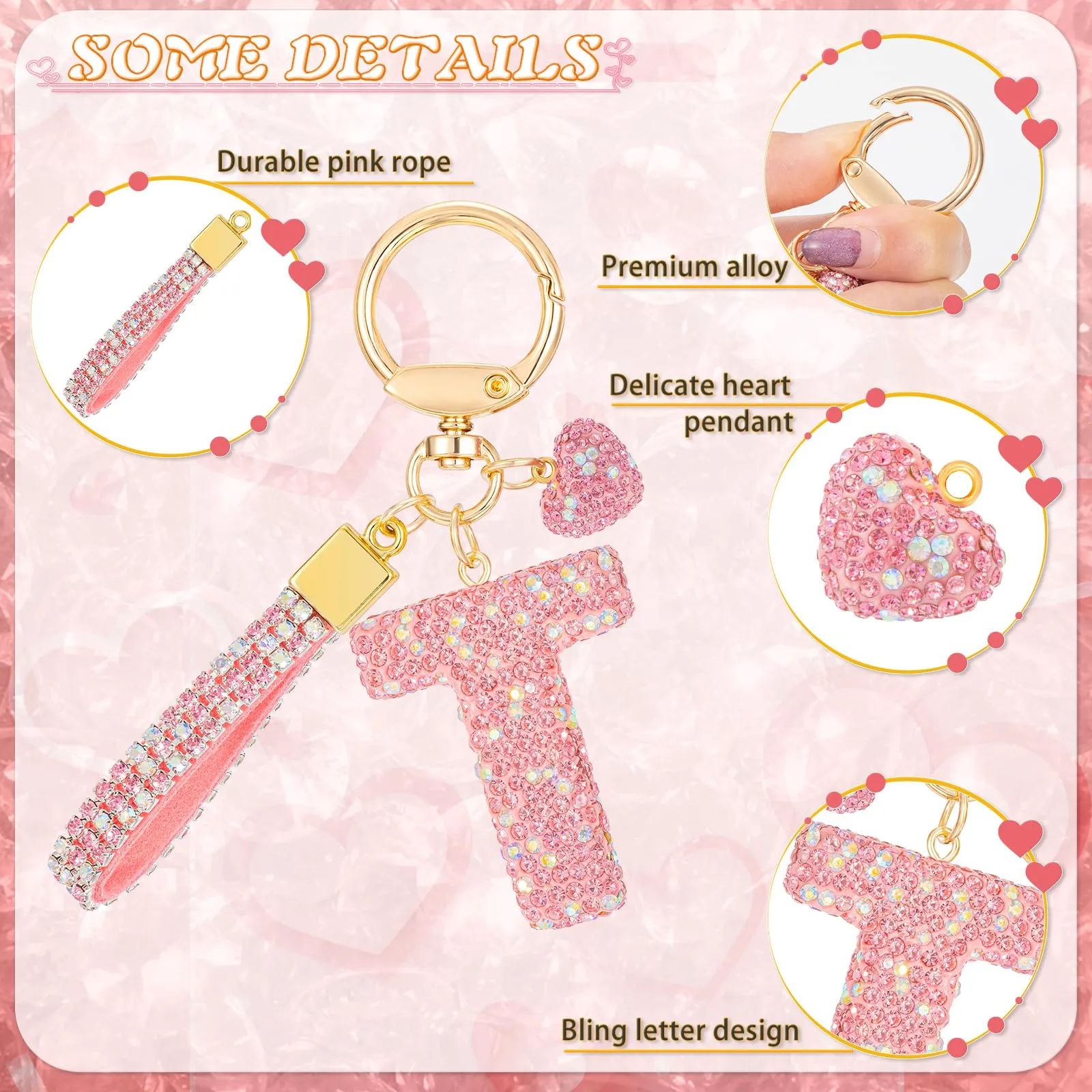 MWOOT Rosa Auto Portachiavi Regalo per Donne Ragazze Iniziale Lettera Portachiavi Carino Bling Ciondolo per Borsa Zaino Borsetta Ciondoli, T - immagine 2