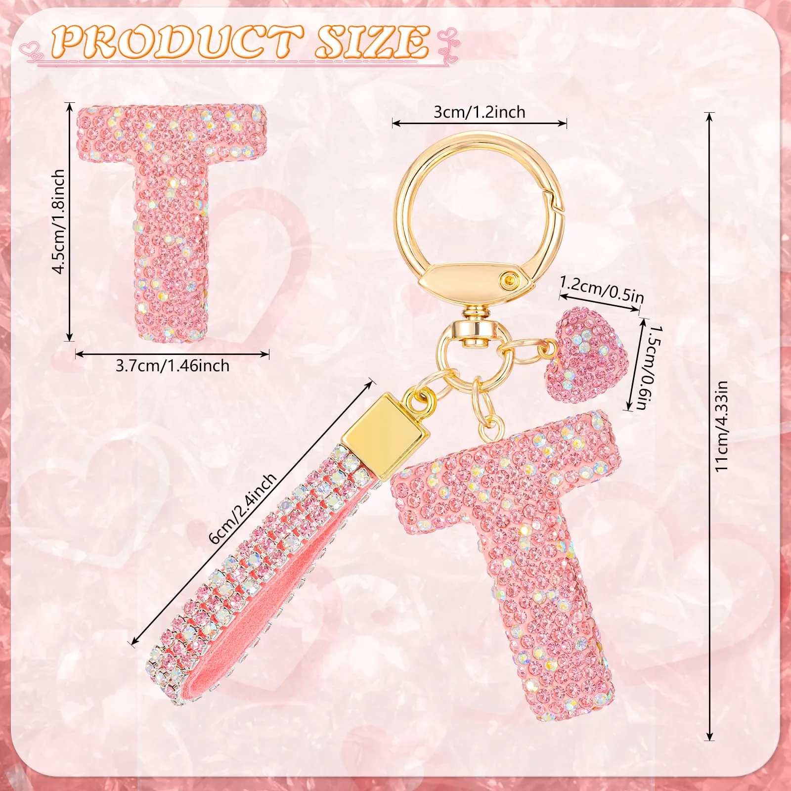 MWOOT Rosa Auto Portachiavi Regalo per Donne Ragazze Iniziale Lettera Portachiavi Carino Bling Ciondolo per Borsa Zaino Borsetta Ciondoli, T - immagine 3