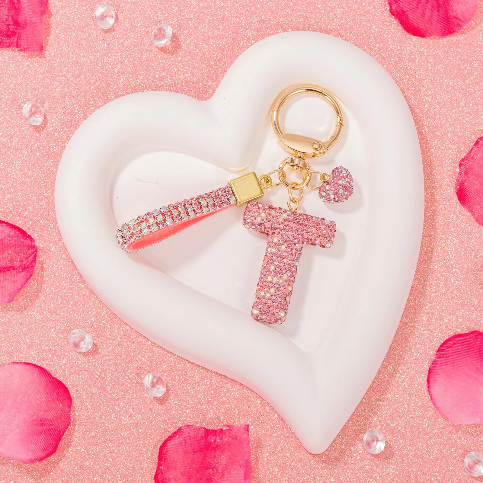 MWOOT Rosa Auto Portachiavi Regalo per Donne Ragazze Iniziale Lettera Portachiavi Carino Bling Ciondolo per Borsa Zaino Borsetta Ciondoli, T - immagine 5