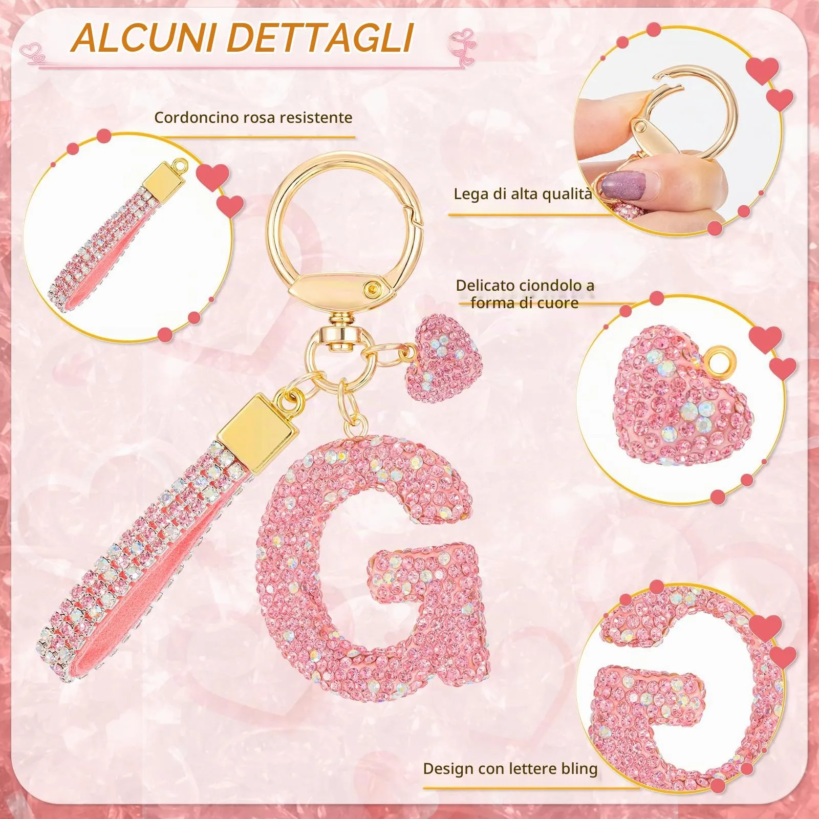 MWOOT Rosa Auto Portachiavi Regalo per Donne Ragazze Iniziale Lettera Portachiavi Carino Bling Ciondolo per Borsa Zaino Borsetta Ciondoli, G - immagine 2