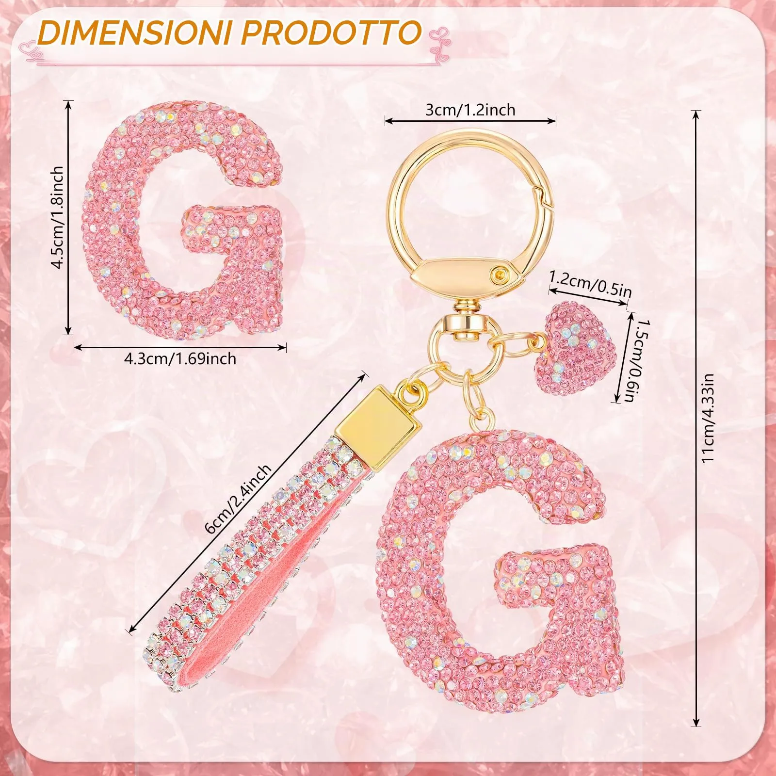 MWOOT Rosa Auto Portachiavi Regalo per Donne Ragazze Iniziale Lettera Portachiavi Carino Bling Ciondolo per Borsa Zaino Borsetta Ciondoli, G - immagine 3