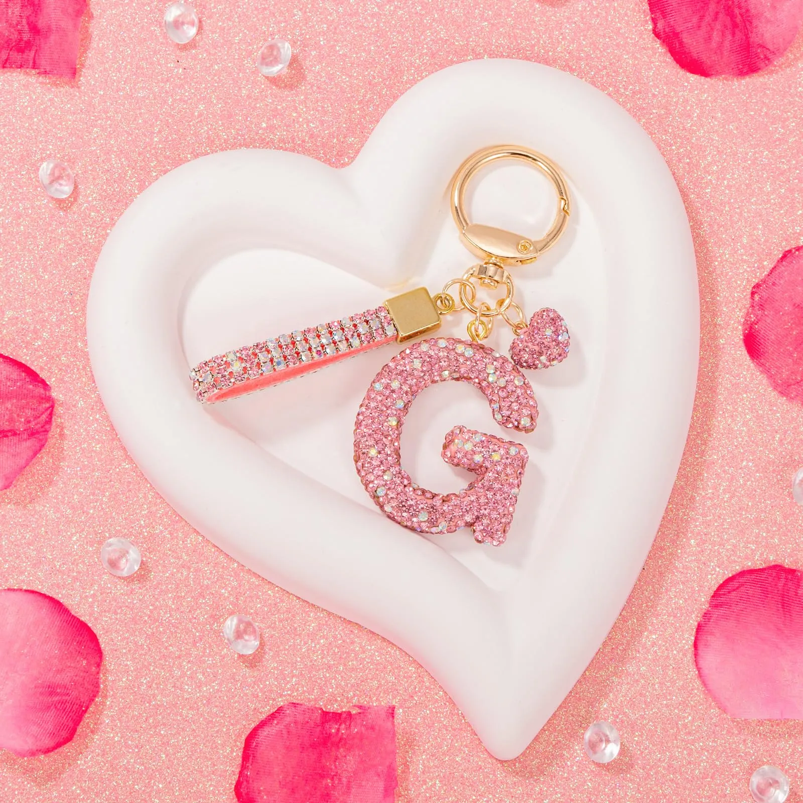 MWOOT Rosa Auto Portachiavi Regalo per Donne Ragazze Iniziale Lettera Portachiavi Carino Bling Ciondolo per Borsa Zaino Borsetta Ciondoli, G - immagine 5