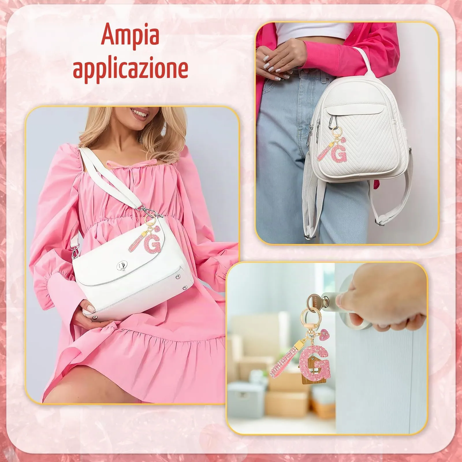 MWOOT Rosa Auto Portachiavi Regalo per Donne Ragazze Iniziale Lettera Portachiavi Carino Bling Ciondolo per Borsa Zaino Borsetta Ciondoli, G - immagine 6