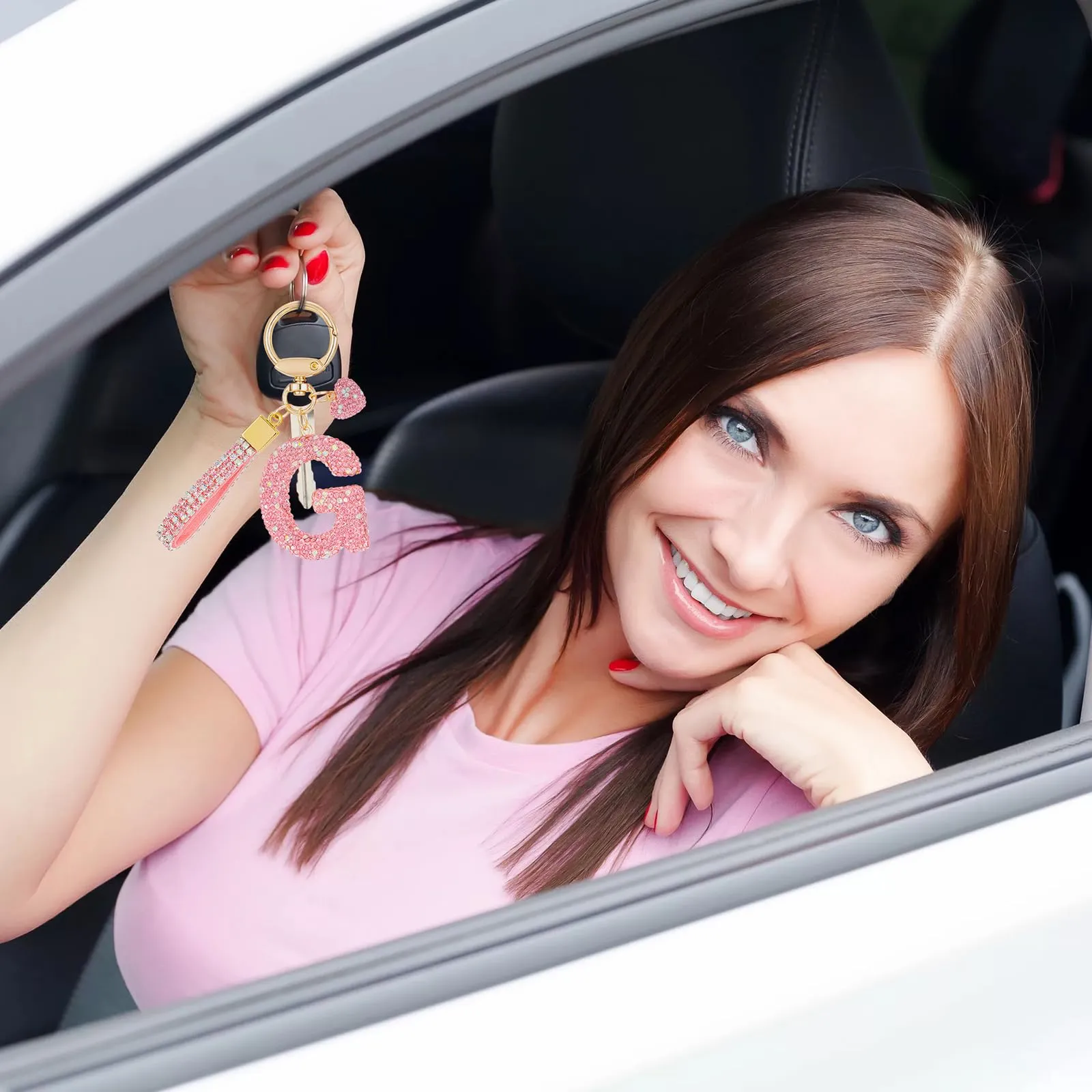 MWOOT Rosa Auto Portachiavi Regalo per Donne Ragazze Iniziale Lettera Portachiavi Carino Bling Ciondolo per Borsa Zaino Borsetta Ciondoli, G - immagine 7