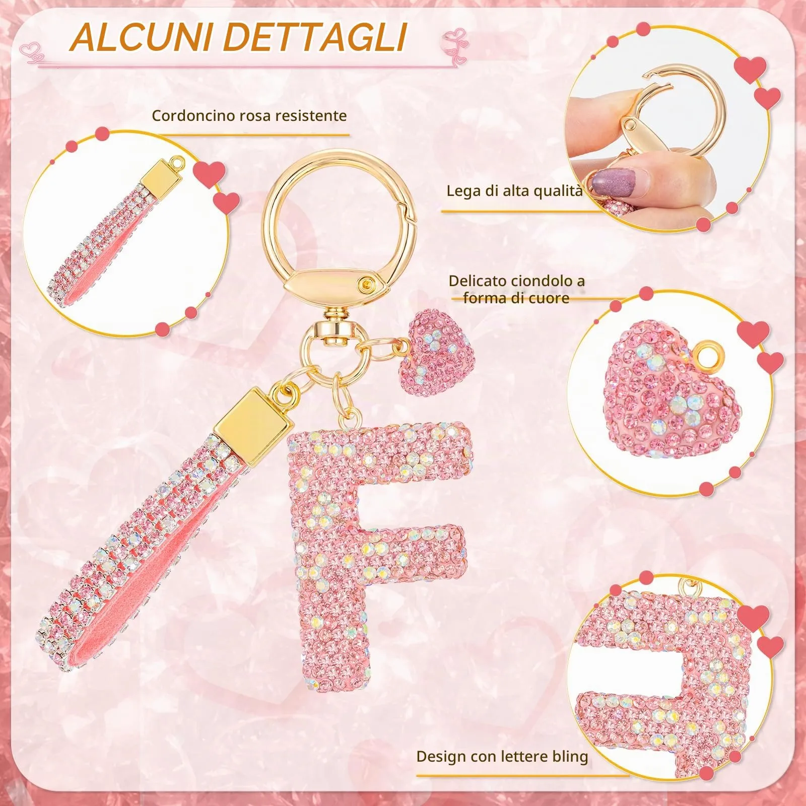 MWOOT Rosa Auto Portachiavi Regalo per Donne Ragazze Iniziale Lettera Portachiavi Carino Bling Ciondolo per Borsa Zaino Borsetta Ciondoli, F - immagine 2