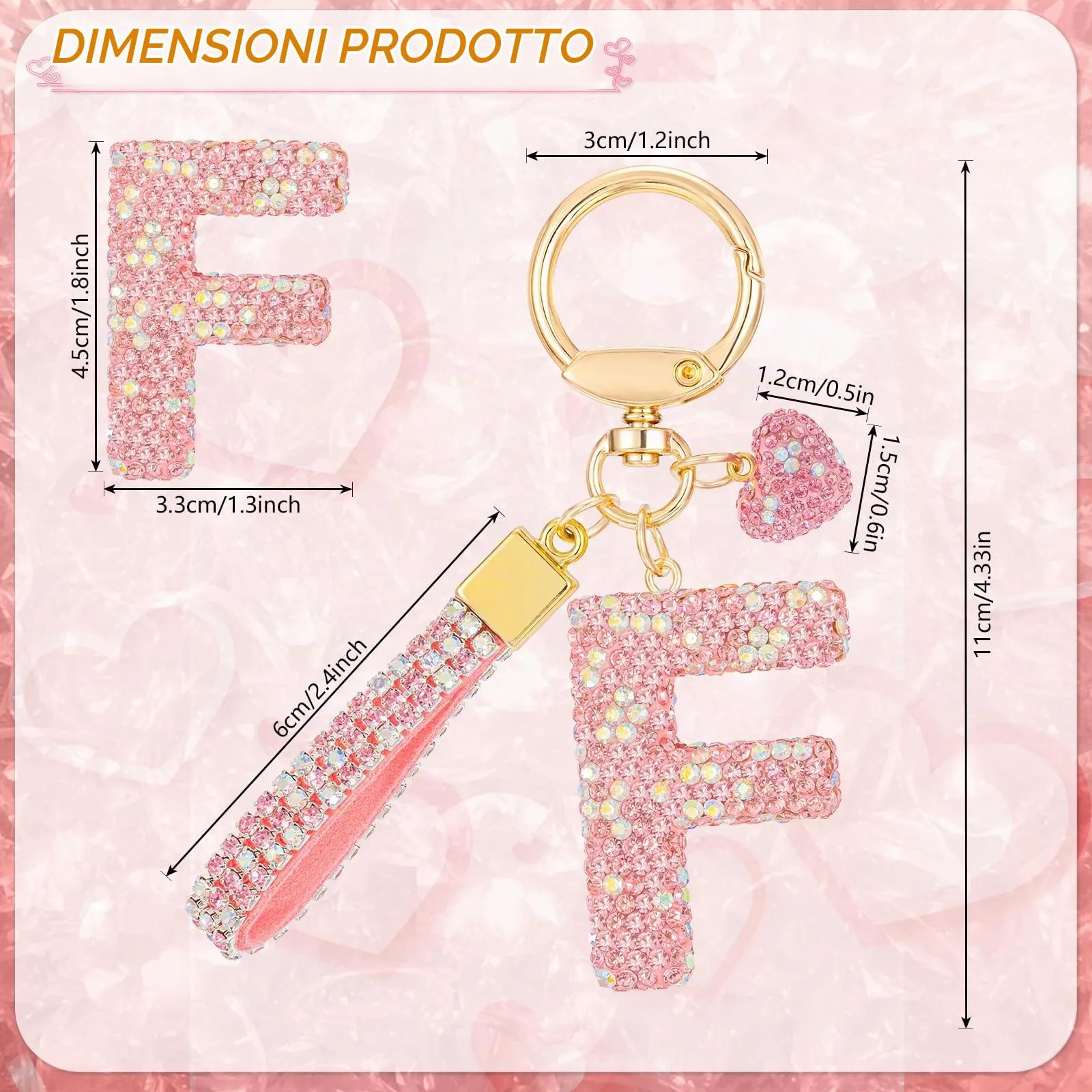 MWOOT Rosa Auto Portachiavi Regalo per Donne Ragazze Iniziale Lettera Portachiavi Carino Bling Ciondolo per Borsa Zaino Borsetta Ciondoli, F - immagine 3
