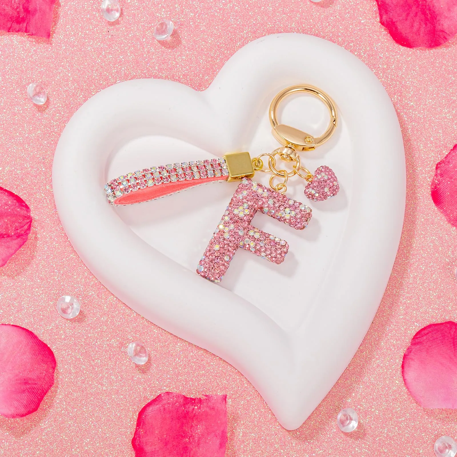 MWOOT Rosa Auto Portachiavi Regalo per Donne Ragazze Iniziale Lettera Portachiavi Carino Bling Ciondolo per Borsa Zaino Borsetta Ciondoli, F - immagine 5