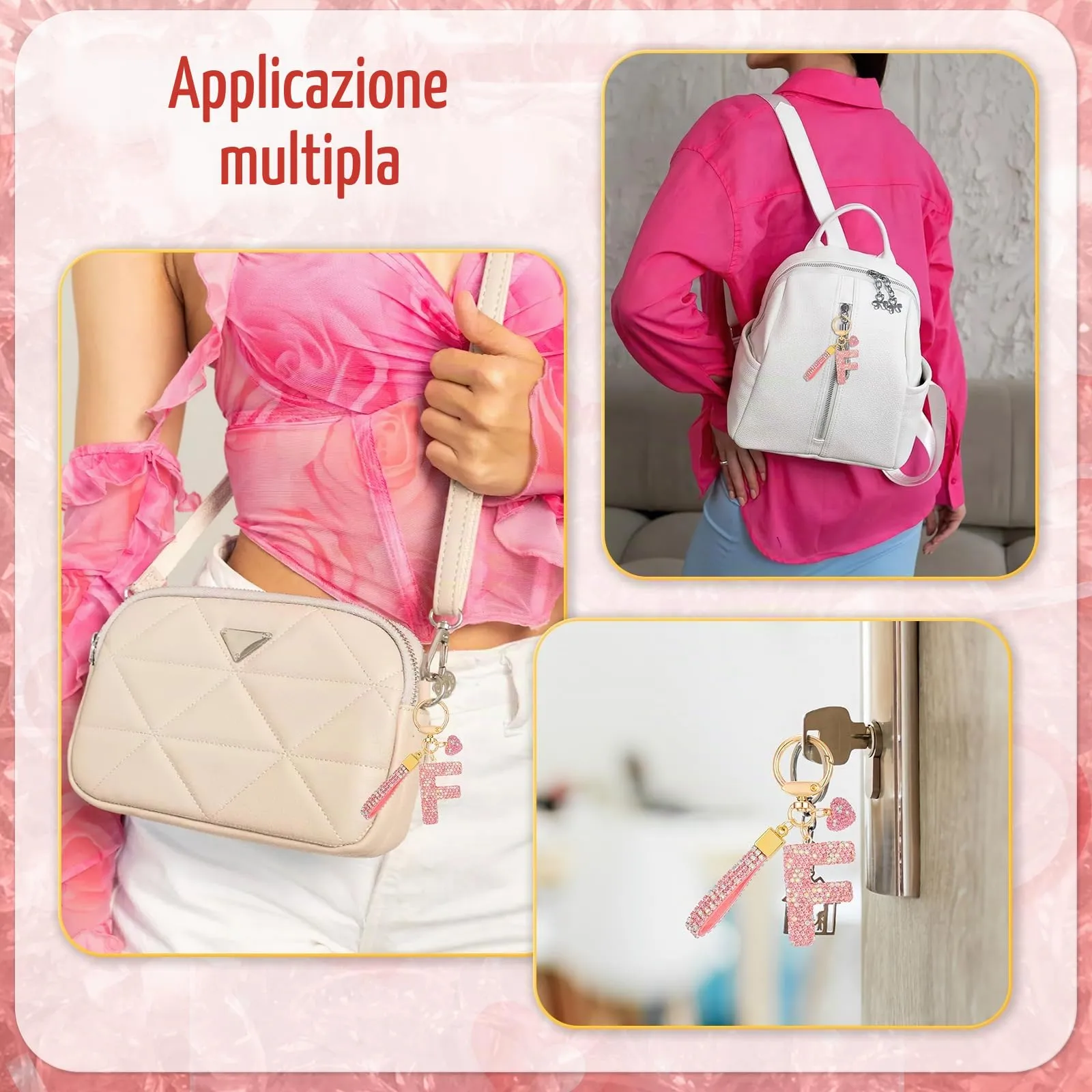 MWOOT Rosa Auto Portachiavi Regalo per Donne Ragazze Iniziale Lettera Portachiavi Carino Bling Ciondolo per Borsa Zaino Borsetta Ciondoli, F - immagine 7