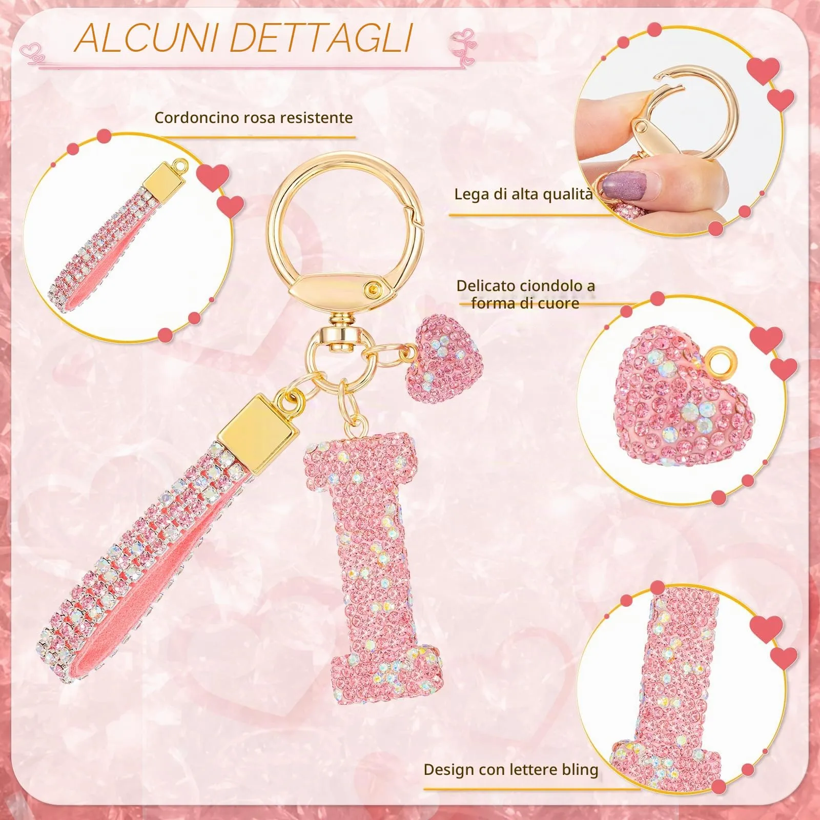 MWOOT Rosa Auto Portachiavi Regalo per Donne Ragazze Iniziale Lettera Portachiavi Carino Bling Ciondolo per Borsa Zaino Borsetta Ciondoli, I - immagine 2
