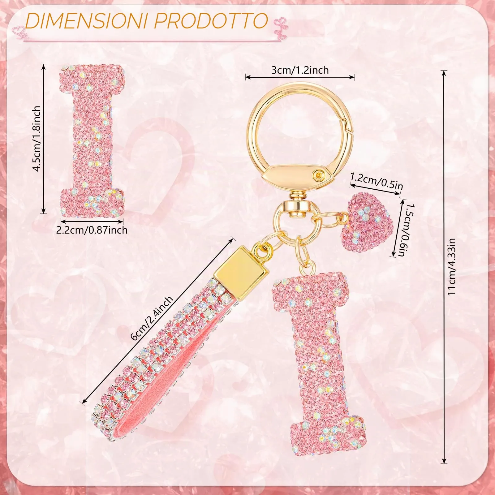 MWOOT Rosa Auto Portachiavi Regalo per Donne Ragazze Iniziale Lettera Portachiavi Carino Bling Ciondolo per Borsa Zaino Borsetta Ciondoli, I - immagine 3