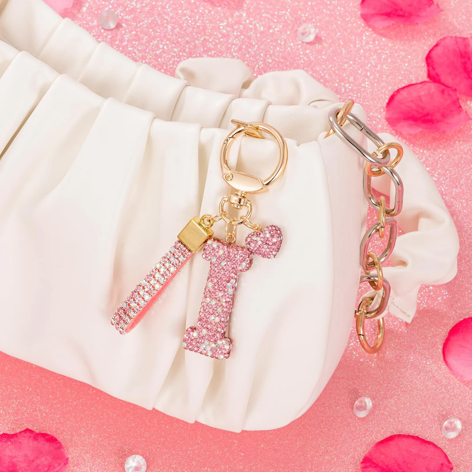 MWOOT Rosa Auto Portachiavi Regalo per Donne Ragazze Iniziale Lettera Portachiavi Carino Bling Ciondolo per Borsa Zaino Borsetta Ciondoli, I - immagine 4
