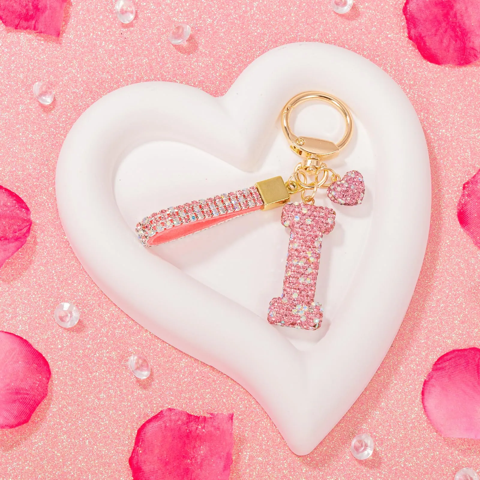MWOOT Rosa Auto Portachiavi Regalo per Donne Ragazze Iniziale Lettera Portachiavi Carino Bling Ciondolo per Borsa Zaino Borsetta Ciondoli, I - immagine 5