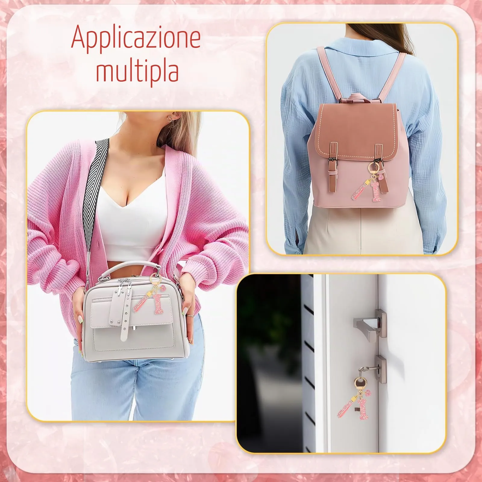 MWOOT Rosa Auto Portachiavi Regalo per Donne Ragazze Iniziale Lettera Portachiavi Carino Bling Ciondolo per Borsa Zaino Borsetta Ciondoli, I - immagine 7