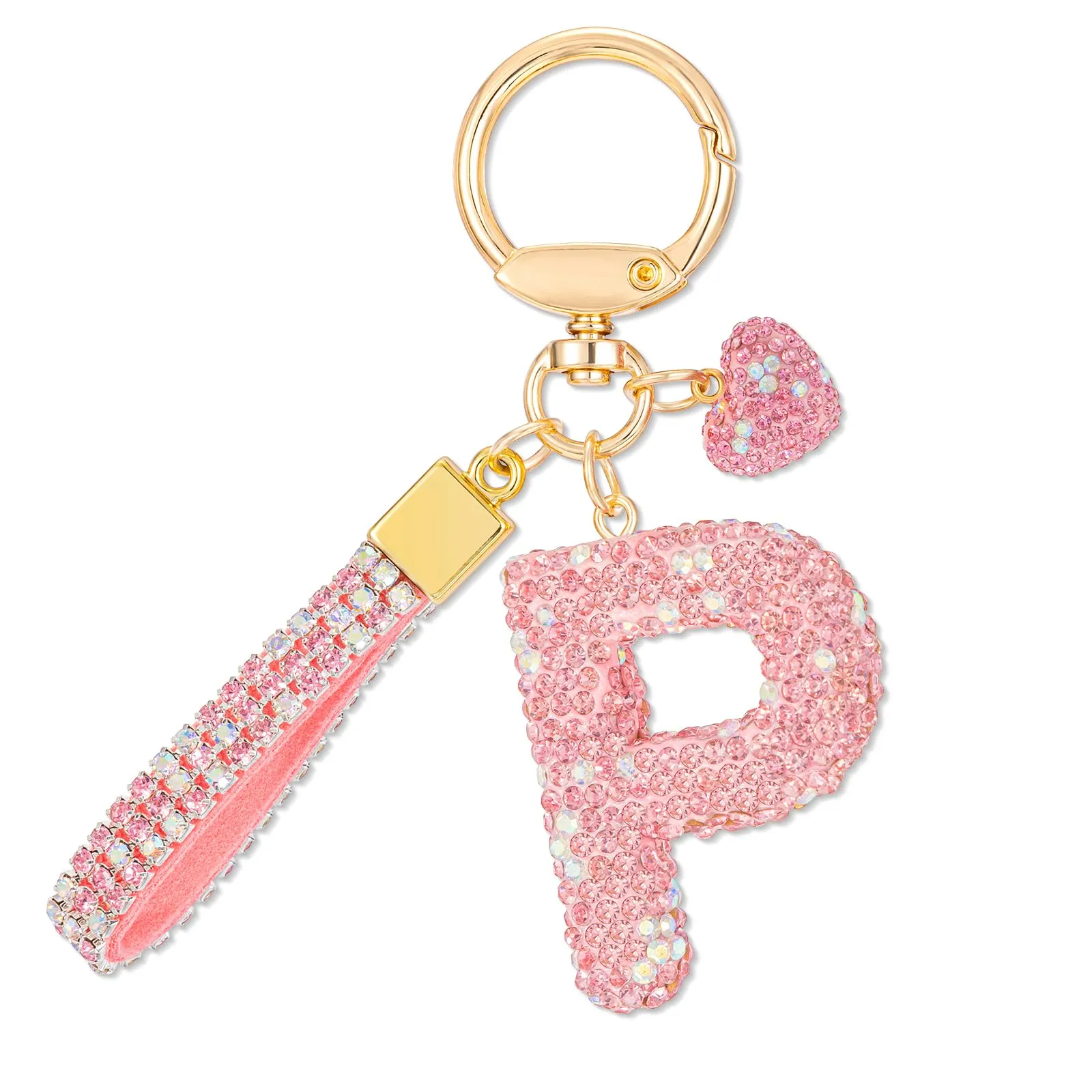 MWOOT Rosa Auto Portachiavi Regalo per Donne Ragazze Iniziale Lettera Portachiavi Carino Bling Ciondolo per Borsa Zaino Borsetta Ciondoli, P - immagine 1