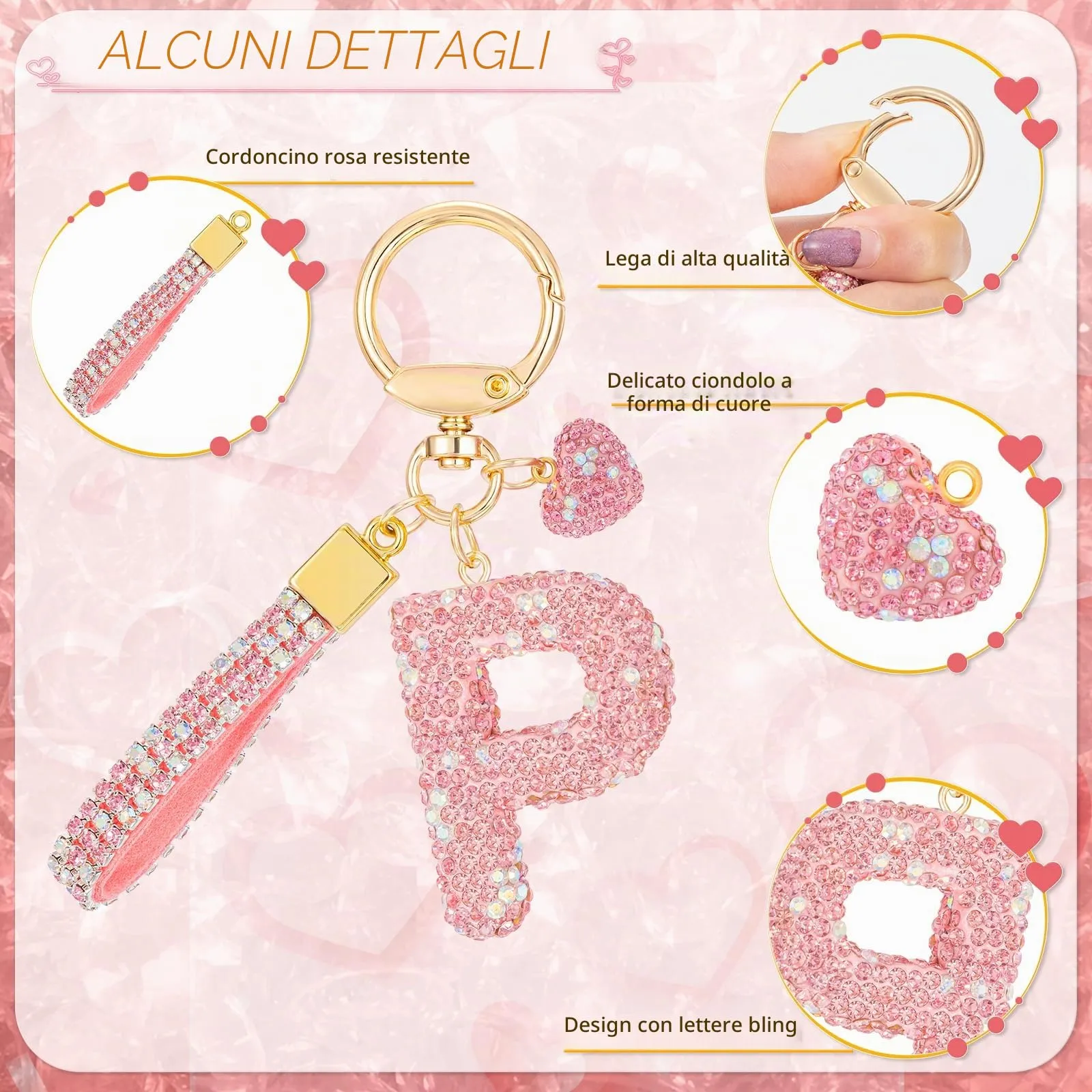 MWOOT Rosa Auto Portachiavi Regalo per Donne Ragazze Iniziale Lettera Portachiavi Carino Bling Ciondolo per Borsa Zaino Borsetta Ciondoli, P - immagine 2
