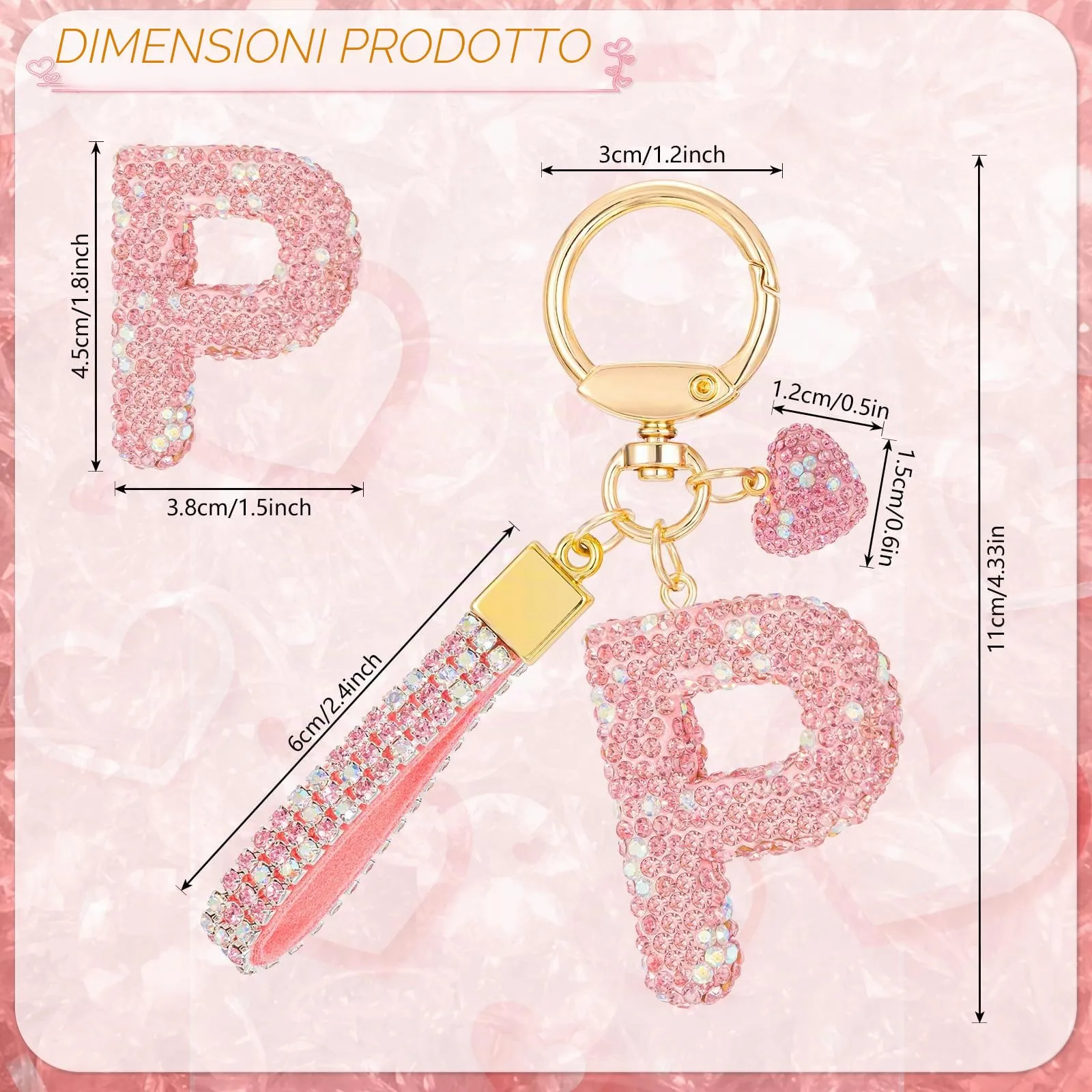 MWOOT Rosa Auto Portachiavi Regalo per Donne Ragazze Iniziale Lettera Portachiavi Carino Bling Ciondolo per Borsa Zaino Borsetta Ciondoli, P - immagine 3