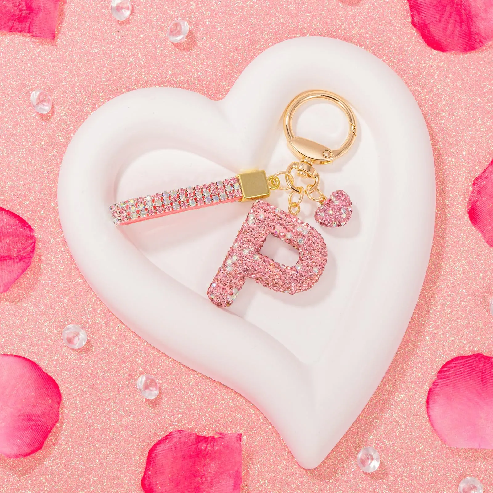 MWOOT Rosa Auto Portachiavi Regalo per Donne Ragazze Iniziale Lettera Portachiavi Carino Bling Ciondolo per Borsa Zaino Borsetta Ciondoli, P - immagine 5