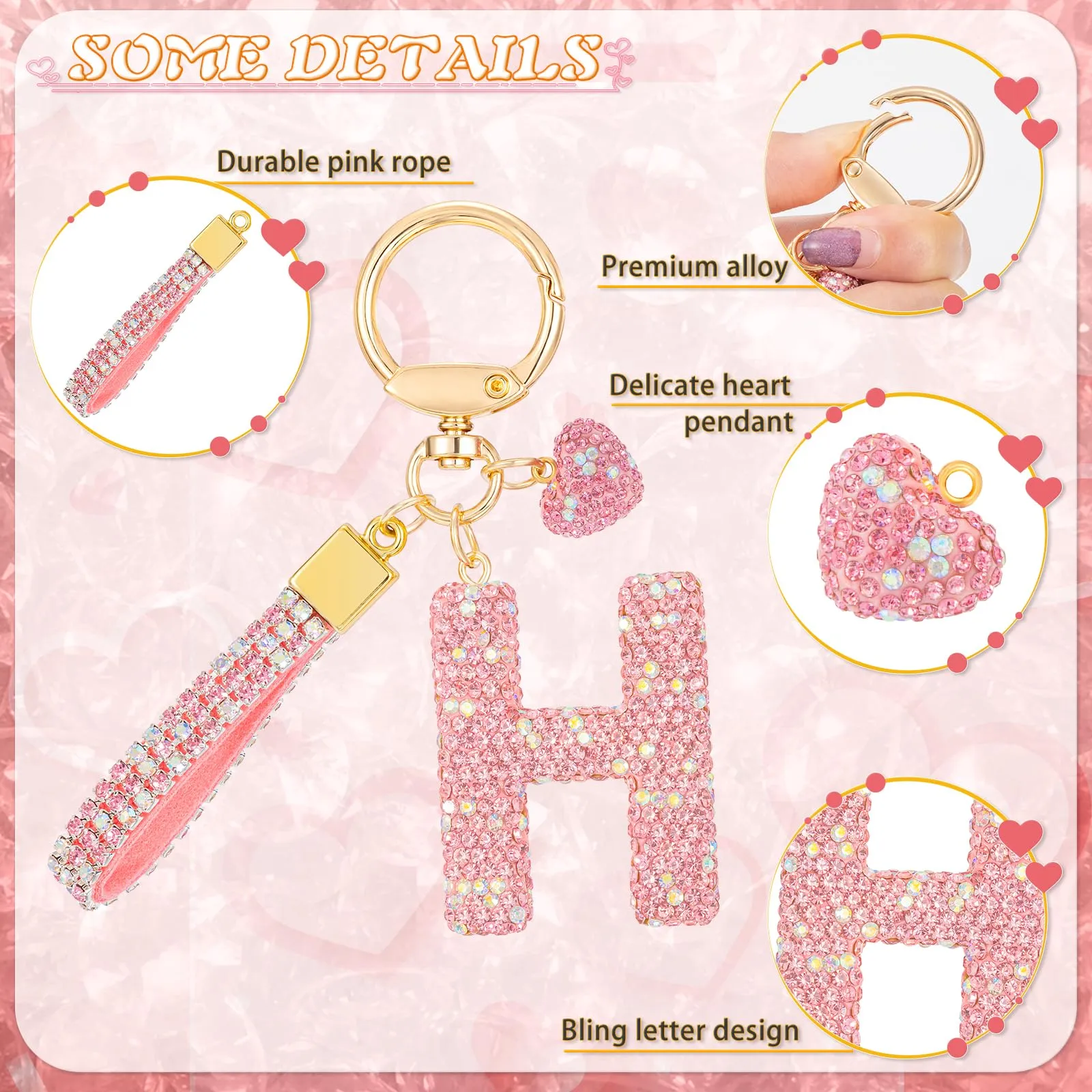 MWOOT Rosa Auto Portachiavi Regalo per Donne Ragazze Iniziale Lettera Portachiavi Carino Bling Ciondolo per Borsa Zaino Borsetta Ciondoli, H - immagine 2