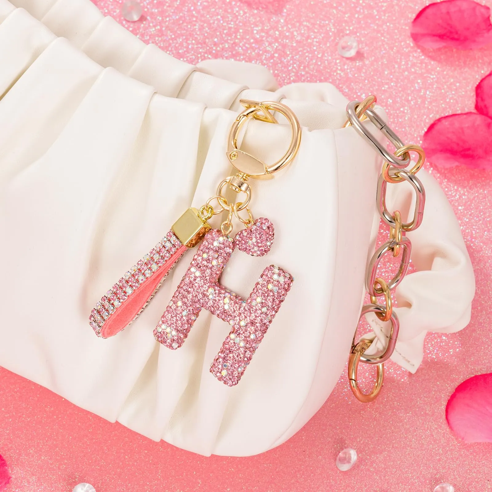 MWOOT Rosa Auto Portachiavi Regalo per Donne Ragazze Iniziale Lettera Portachiavi Carino Bling Ciondolo per Borsa Zaino Borsetta Ciondoli, H - immagine 4
