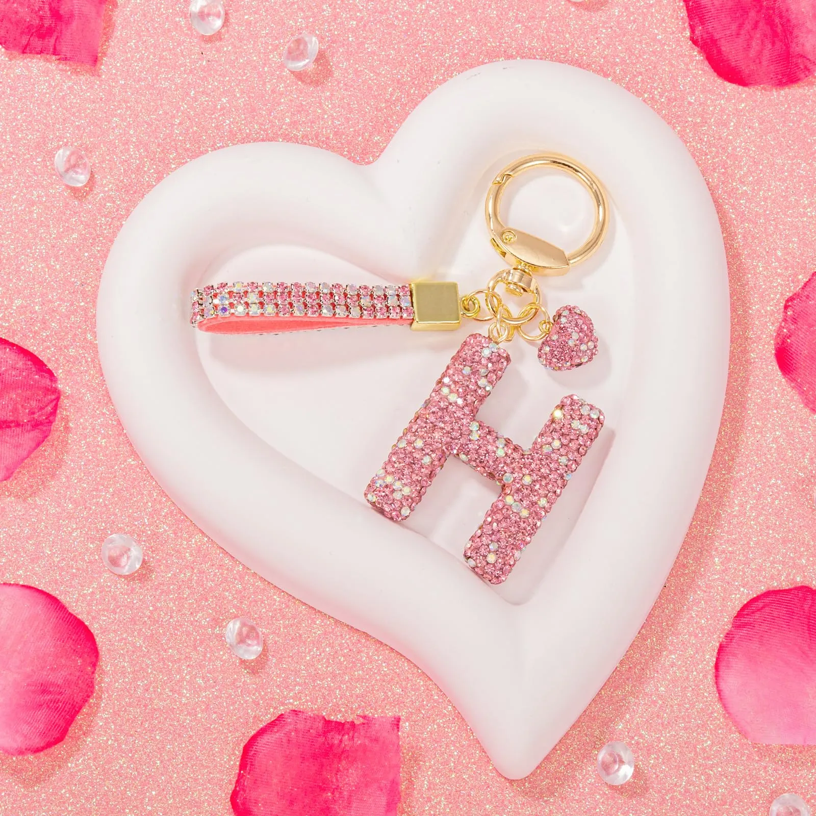 MWOOT Rosa Auto Portachiavi Regalo per Donne Ragazze Iniziale Lettera Portachiavi Carino Bling Ciondolo per Borsa Zaino Borsetta Ciondoli, H - immagine 5