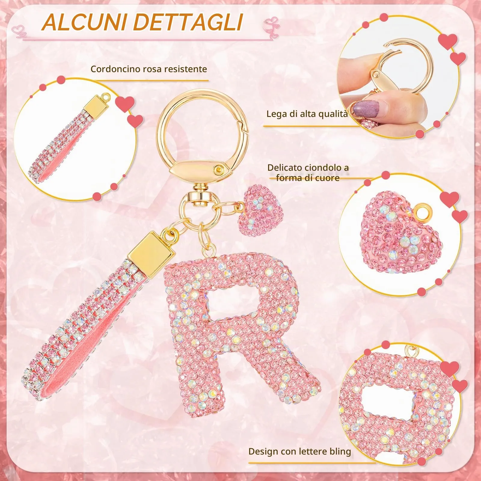 MWOOT Rosa Auto Portachiavi Regalo per Donne Ragazze Iniziale Lettera Portachiavi Carino Bling Ciondolo per Borsa Zaino Borsetta Ciondoli, R - immagine 2