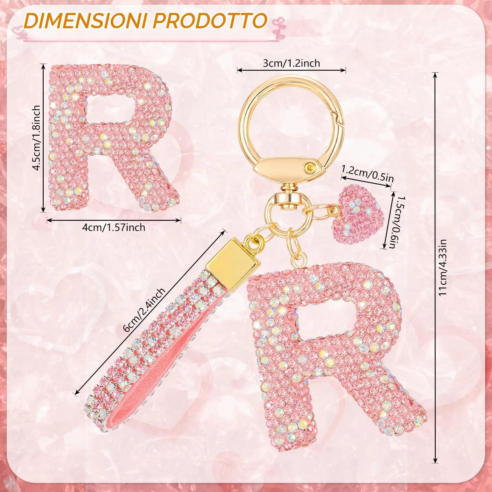 MWOOT Rosa Auto Portachiavi Regalo per Donne Ragazze Iniziale Lettera Portachiavi Carino Bling Ciondolo per Borsa Zaino Borsetta Ciondoli, R - immagine 3