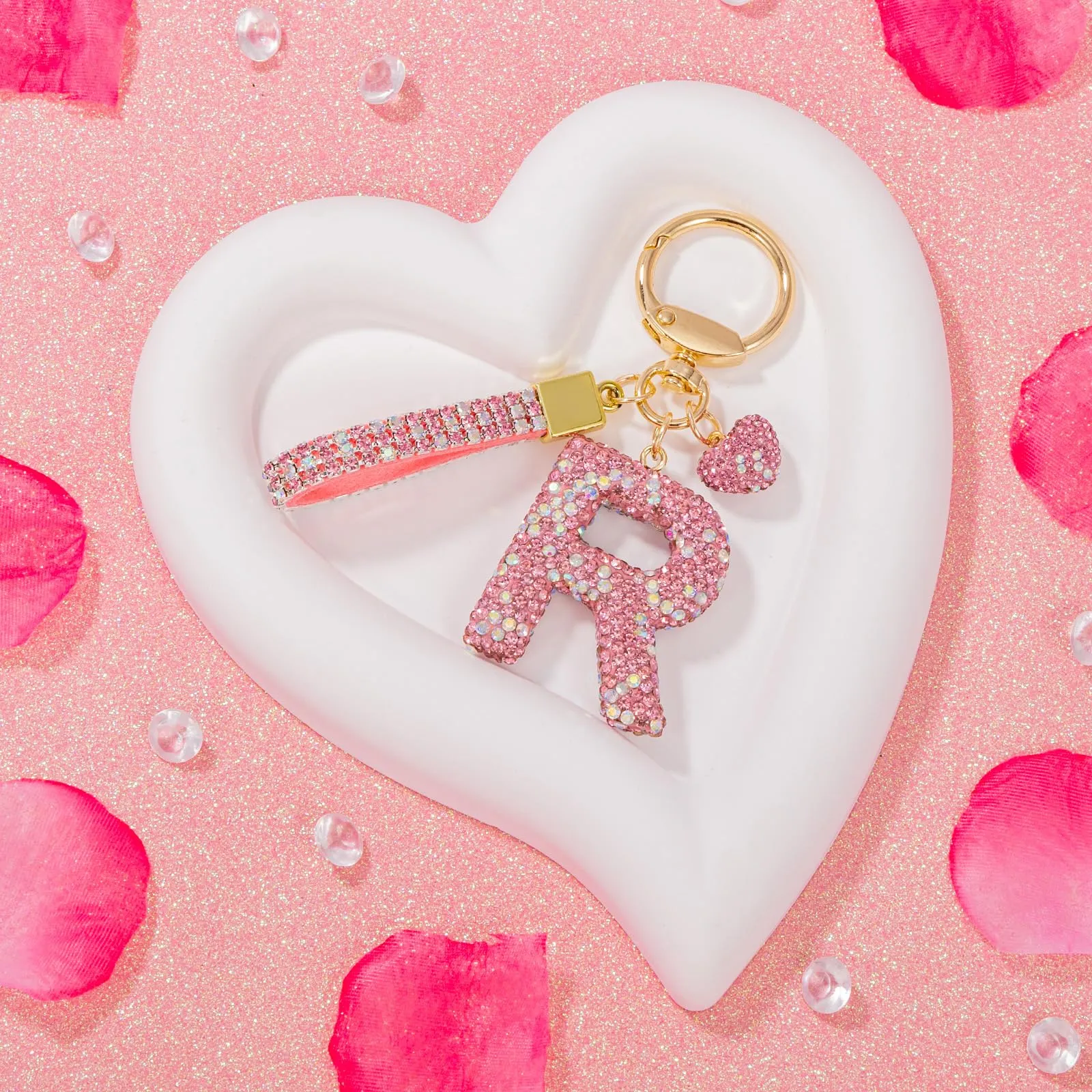 MWOOT Rosa Auto Portachiavi Regalo per Donne Ragazze Iniziale Lettera Portachiavi Carino Bling Ciondolo per Borsa Zaino Borsetta Ciondoli, R - immagine 5