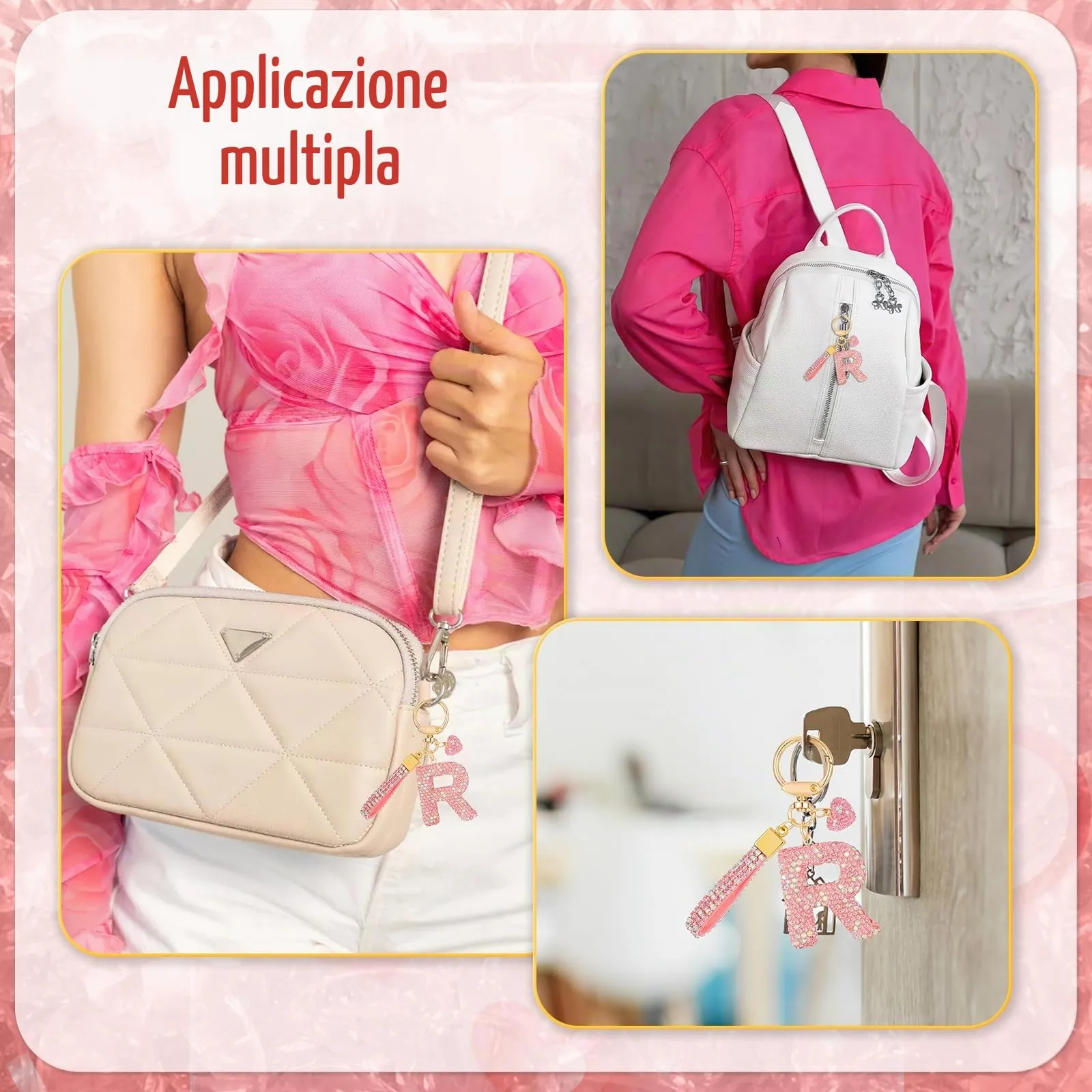 MWOOT Rosa Auto Portachiavi Regalo per Donne Ragazze Iniziale Lettera Portachiavi Carino Bling Ciondolo per Borsa Zaino Borsetta Ciondoli, R - immagine 7