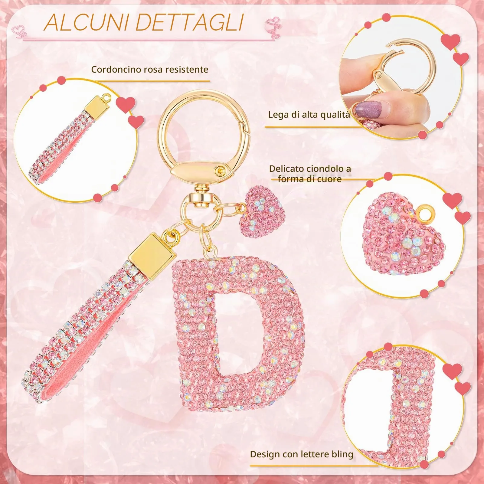 MWOOT Rosa Auto Portachiavi Regalo per Donne Ragazze Iniziale Lettera Portachiavi Carino Bling Ciondolo per Borsa Zaino Borsetta Ciondoli, D - immagine 2