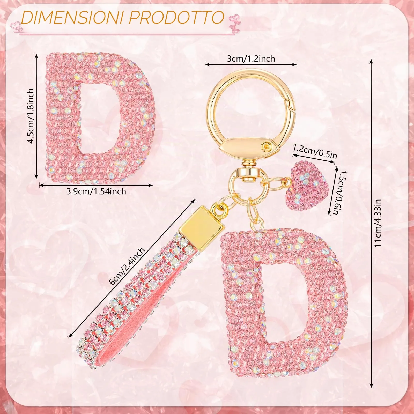 MWOOT Rosa Auto Portachiavi Regalo per Donne Ragazze Iniziale Lettera Portachiavi Carino Bling Ciondolo per Borsa Zaino Borsetta Ciondoli, D - immagine 3